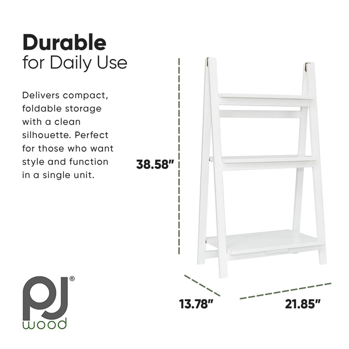 PJ Wood 3 Tier Foldable Bookshelf Wooden Storage Rack Home Stand, White (Used)