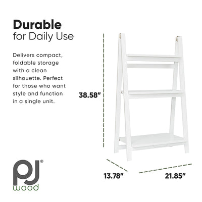 PJ Wood 3 Tier Foldable Bookshelf Wooden Storage Rack Home Stand, White (Used) - VMInnovations