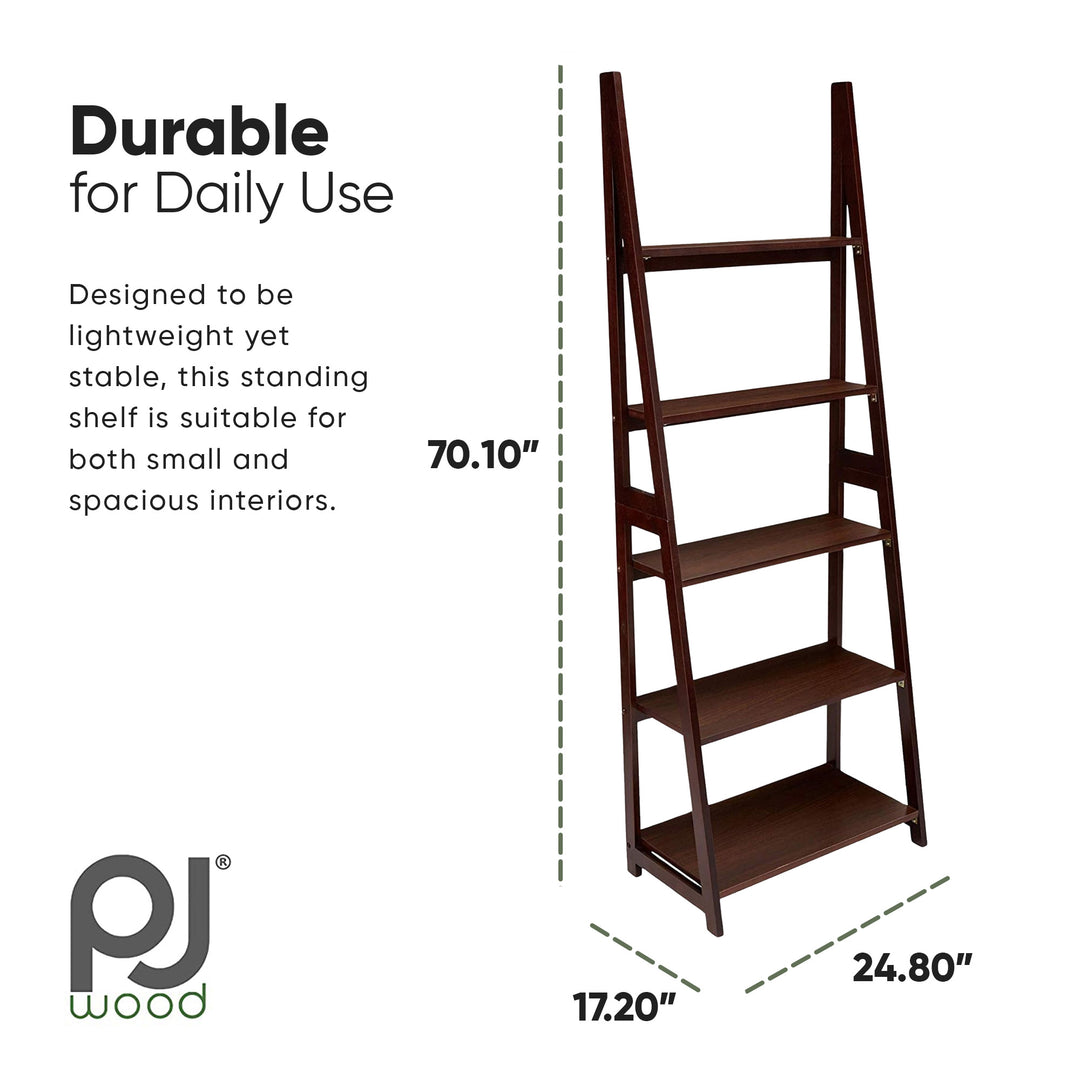 PJ Wood 5 Tier Wooden Ladder Shelf Organizer Bookcase Home Display, Espresso