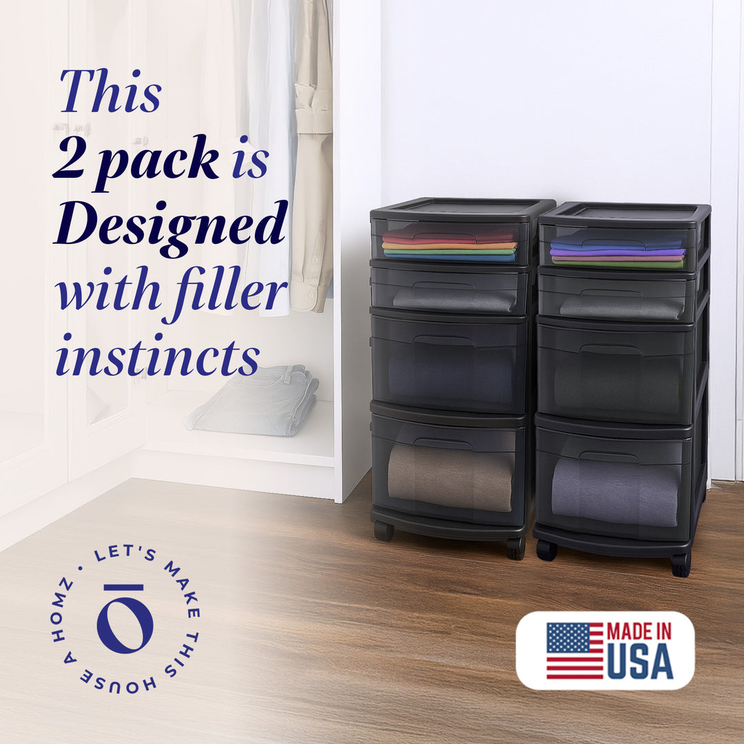 Homz Tall Solid Plastic 4 Drawer Medium Storage Cart with Wheels, Black (2 Pack)