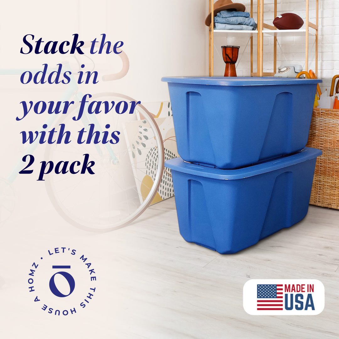 Homz 32 Gallon Standard Plastic Storage Container with Secure Lid, Blue, 2 Pack