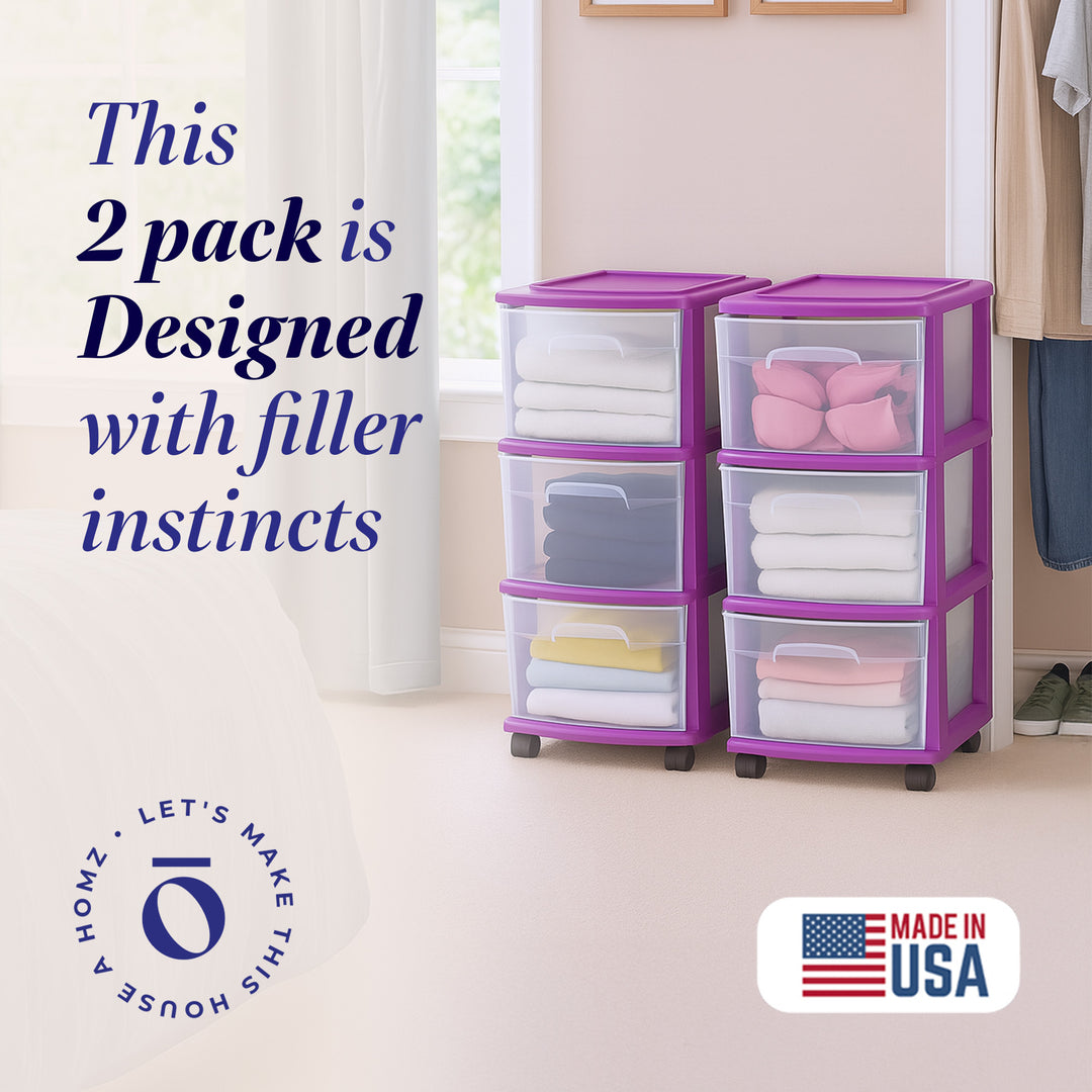Homz Plastic 3 Drawer Medium Storage Container Tower, Purple Frame (2 Pack)