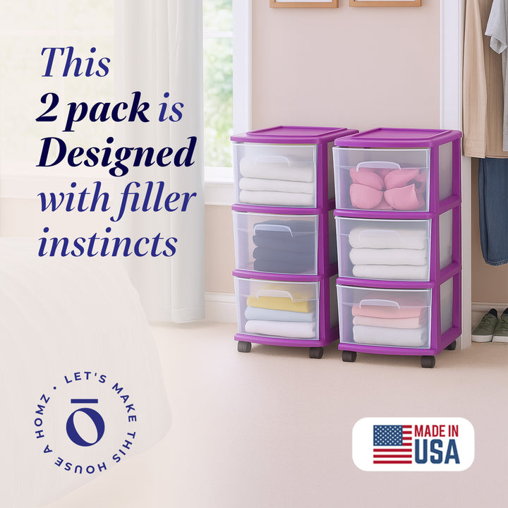 Homz Plastic 3 Drawer Medium Storage Container Tower, Purple Frame (2 Pack)