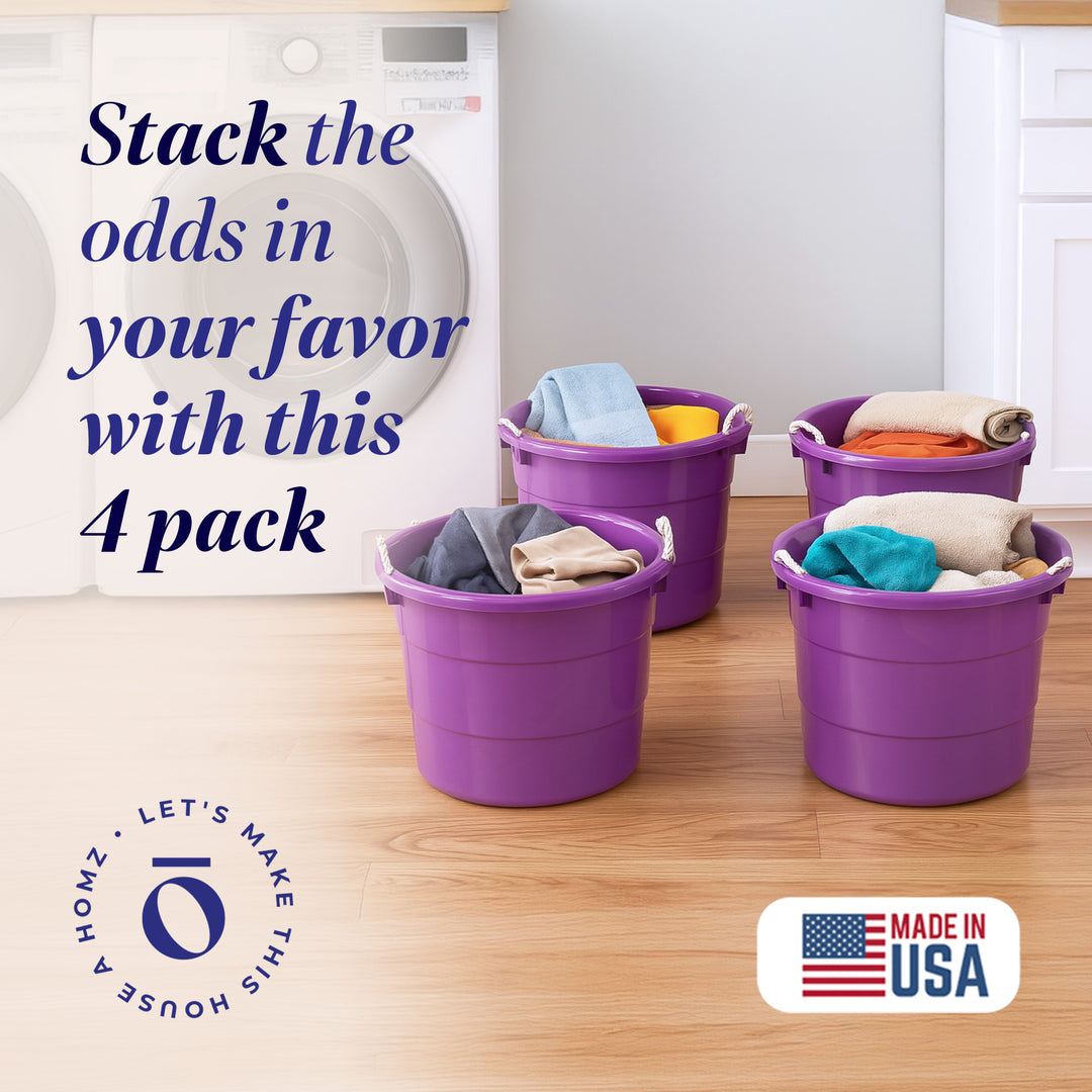 Homz 17 Gallon Indoor Outdoor Storage Bucket w/ Rope Handles, Orchid (4 Pack)