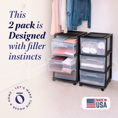 Homz Plastic 3 Drawer Medium Storage Tower, Clear Drawers & Black Frame (2 Pack)