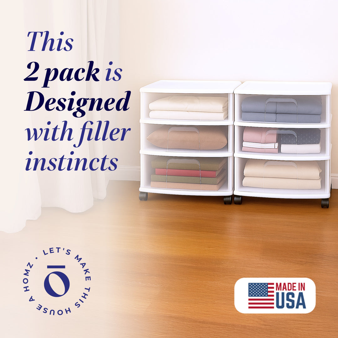 Homz Plastic 3 Clear Drawer Small Rolling Storage Container Tower, White, 2 Pack