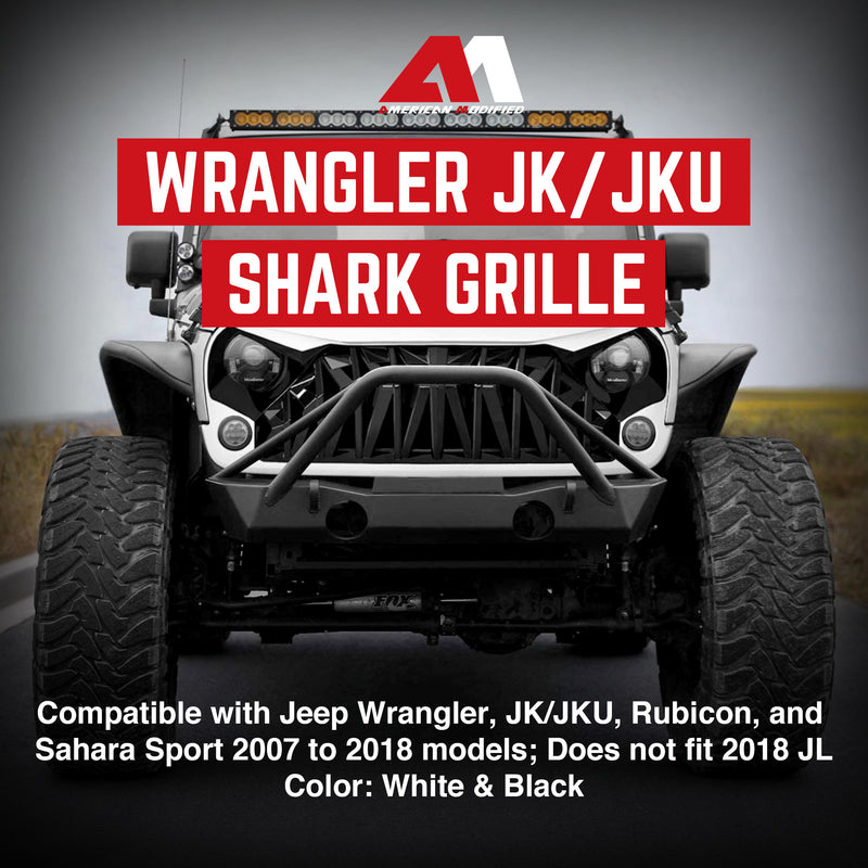 AMERICAN MODIFIED Front Shark Grille for 2007 to 2018 Jeep Models, White & Black