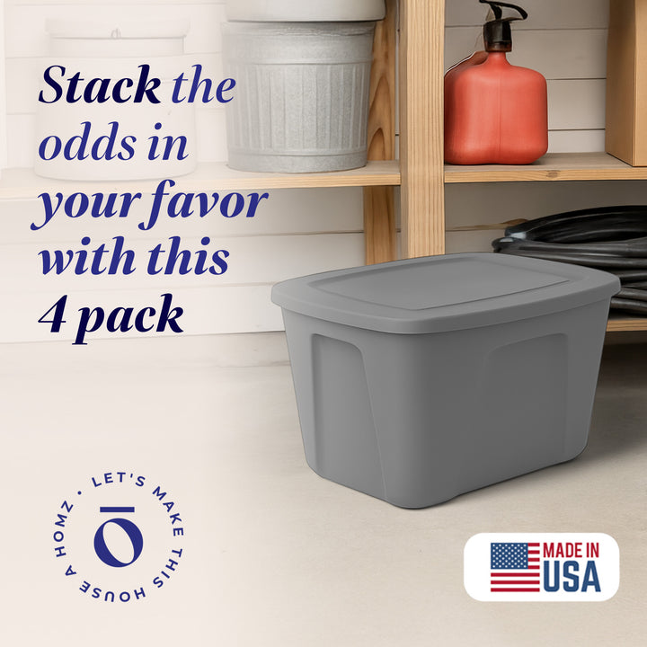 Homz 10 Gallon Heavy Duty Plastic Storage Container, Titanium Silver (4 Pack)