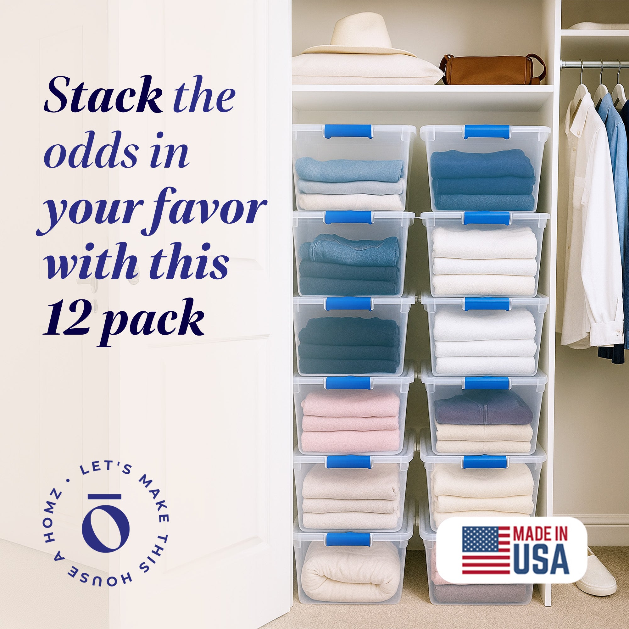 Homz 31 Quart Heavy Duty Clear Plastic Stackable Storage Containers, 12 Pack