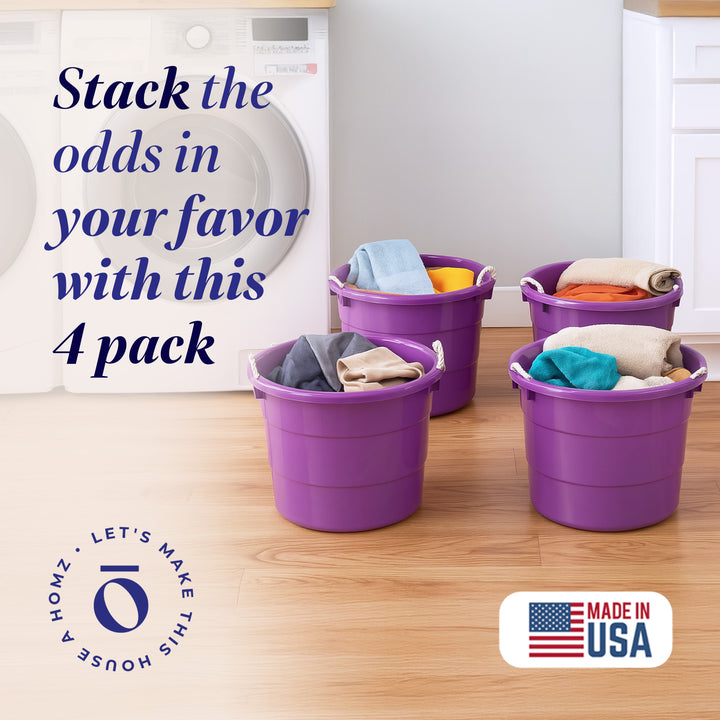 Homz 17 Gallon Indoor Outdoor Storage Bucket w/ Rope Handles, Orchid (4 Pack)