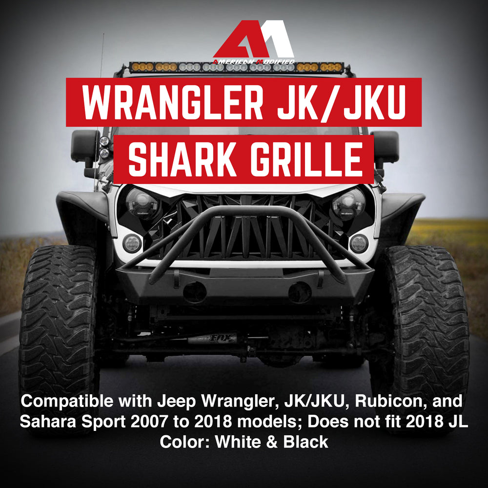 AMERICAN MODIFIED Front Shark Grille for 2007 to 2018 Jeep Models, White & Black - VMInnovations