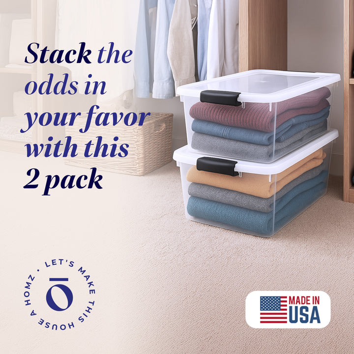 Homz 64 Qt Clear Storage Container w/Latching Lids, (2 Pack) (Open Box)