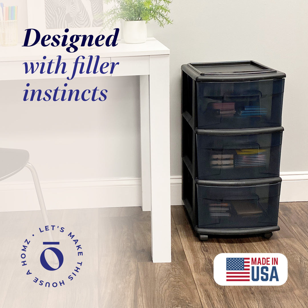 Homz 25" Black Tall Solid Plastic 3 Drawer Wheeled Home Storage Organizer Cart