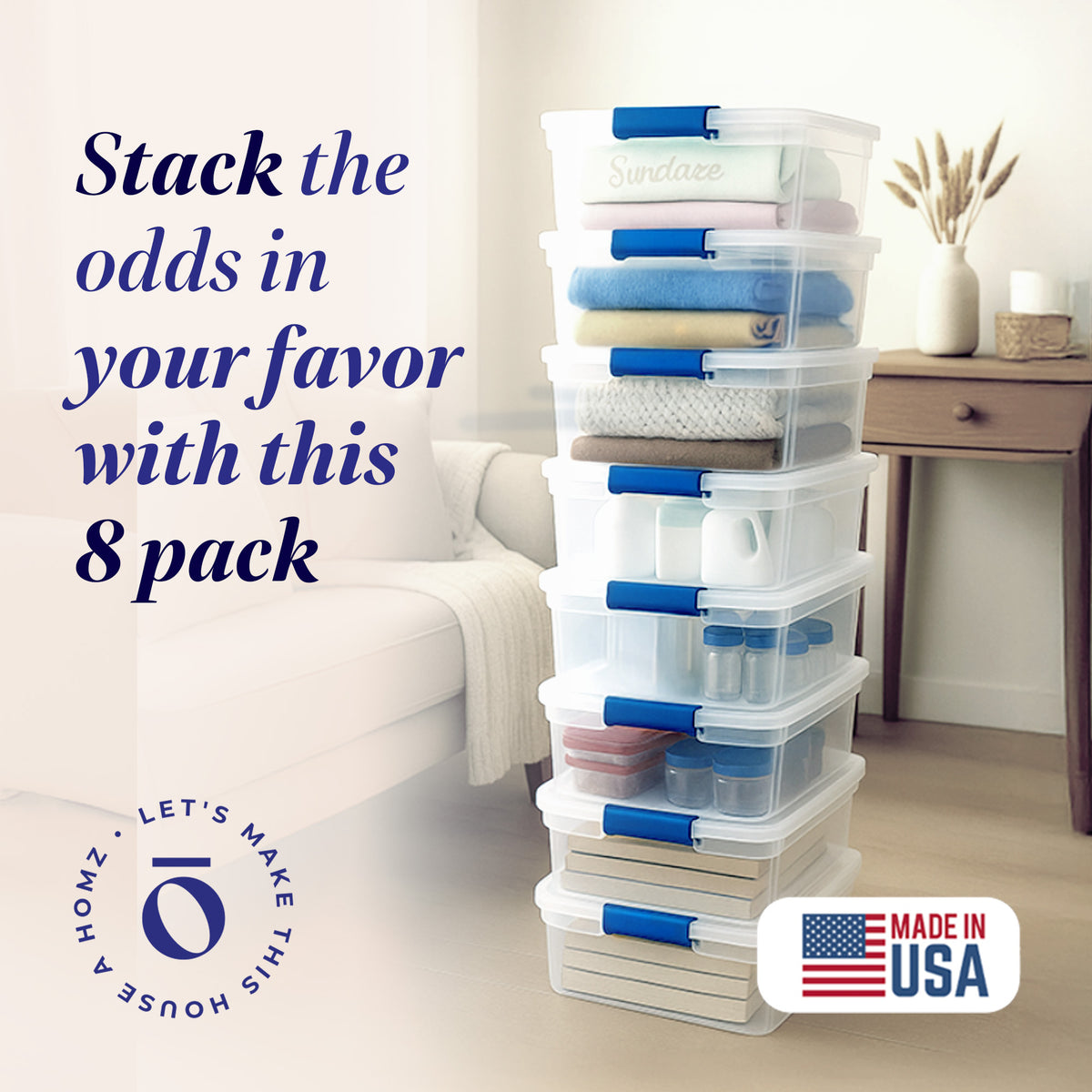 Homz 15.5 Quart Heavy Duty Modular Stackable Storage Containers, Clear, 8 Pack