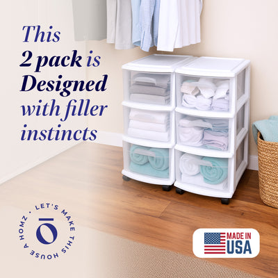 Homz Plastic 3 Drawer Medium Storage Tower, Clear Drawers/White Frame (2 Pack)