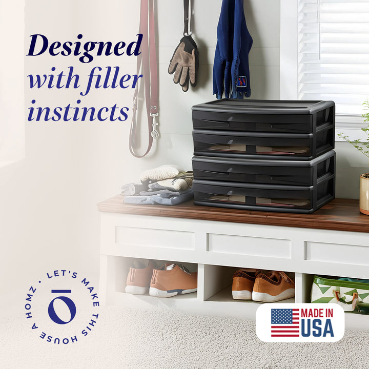 Homz Plastic 2 Drawer Wide Storage Cart, Black Frame with Smoke Drawer, 2 Pack