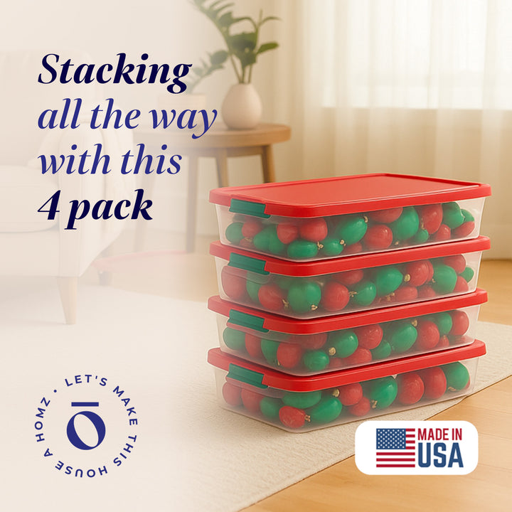 HOMZ 60 Quart Latching Holiday Underbed Storage Container Box, Clear (4 Pack)