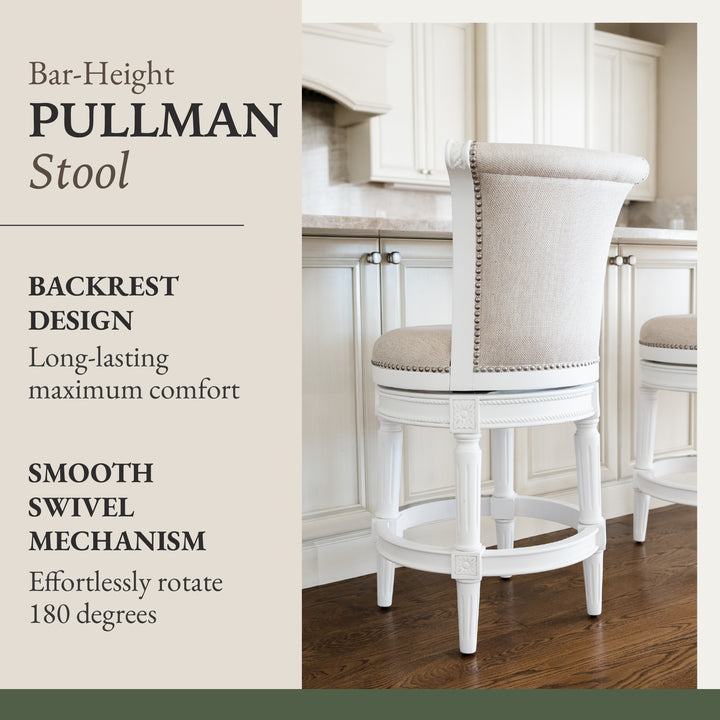 Maven Lane Pullman Bar Stool, Alabaster White Finish w/ Cream Fabric Upholstery