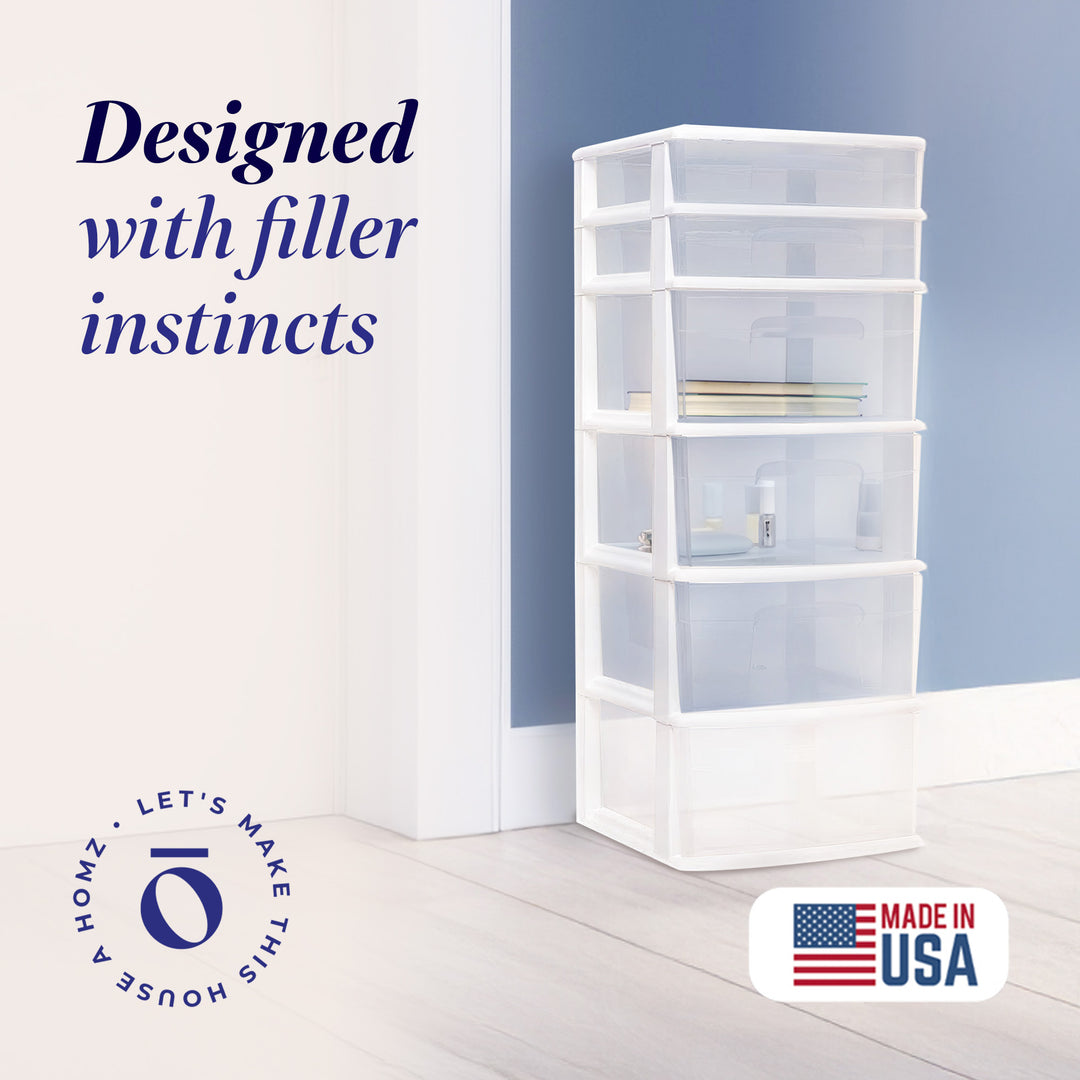 Homz Plastic 6 Clear Drawer Medium Home Storage Container Tower, White Frame