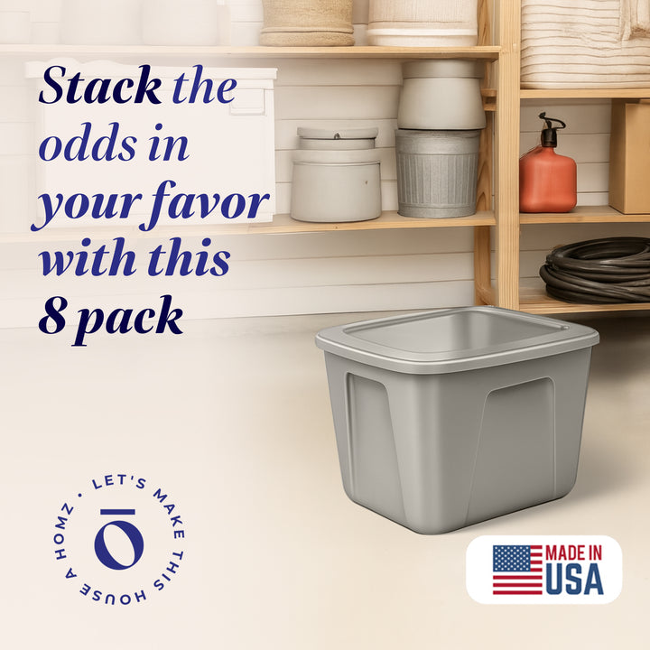 Homz 10 Gallon Heavy Duty Plastic Storage Container, Titanium Silver (8 Pack)