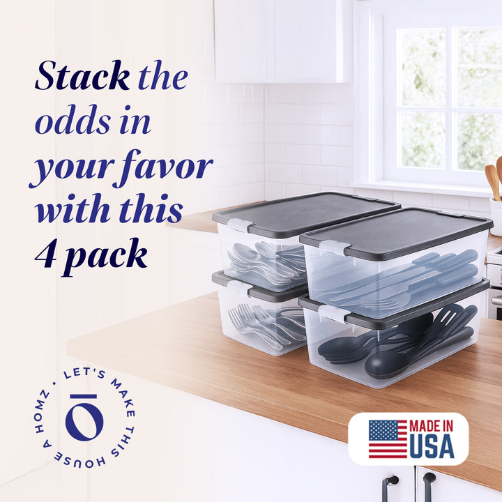 Homz 15 Qt Stackable Plastic Storage Container w/Snaplock Lid, Gray (4 Pack)