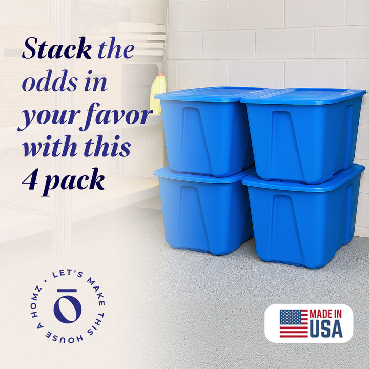 Homz 32 Gallon Standard Plastic Storage Container with Secure Lid, Blue, 4 Pack