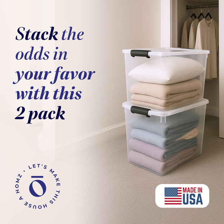 HOMZ 112 Qt Latching Storage Container, Extra Large, Clear (2 Pack) (Open Box) - VMInnovations