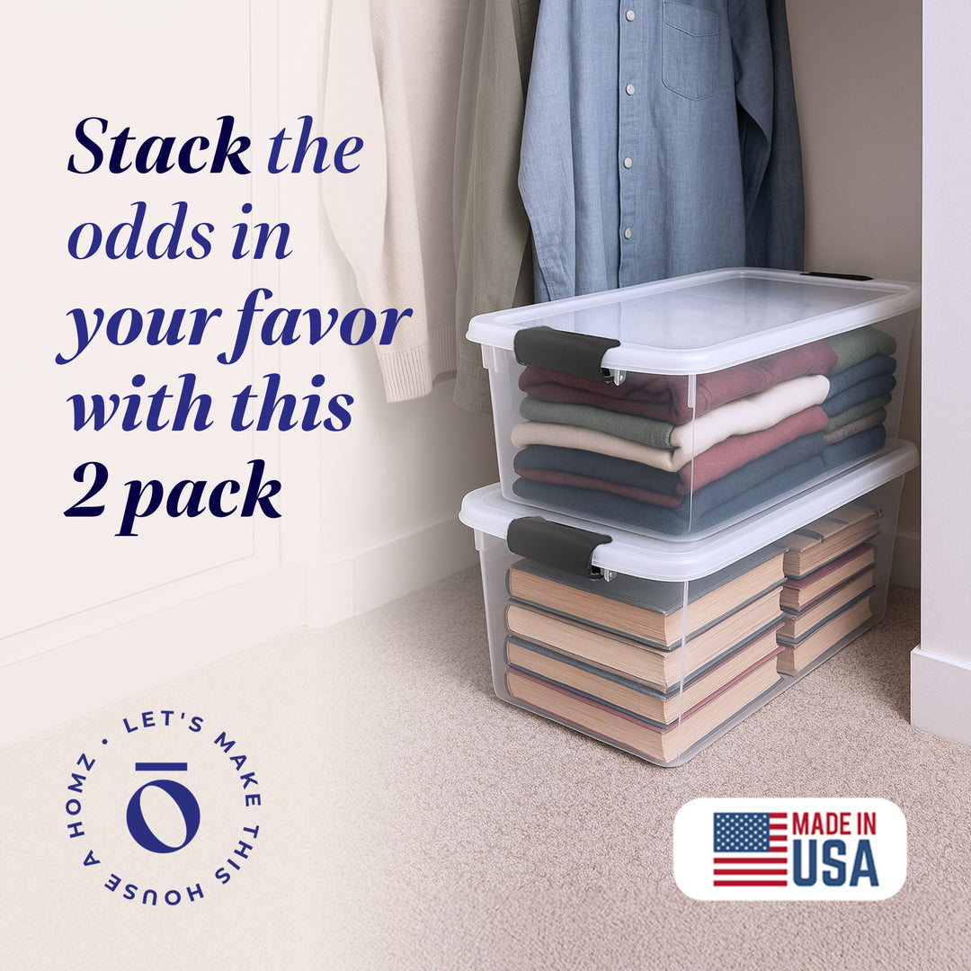 Homz 66 Qt Clear Storage Organizing Container Bin with Latching Lids, (2 Pack)