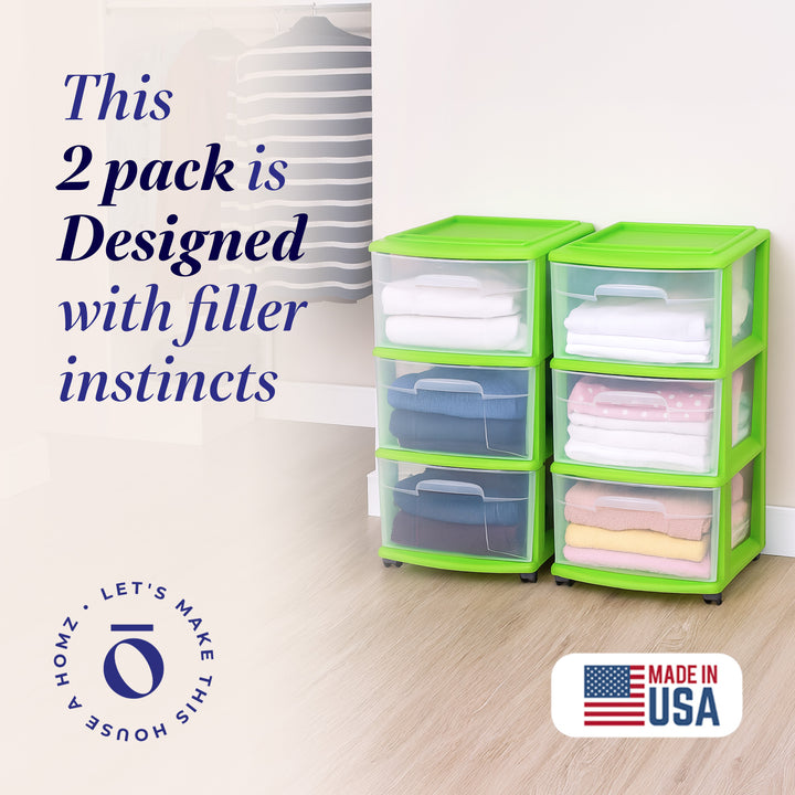 Homz 3 Drawer Medium Storage Container Tower, Clear Drawers/Lime Frame (2 Pack)