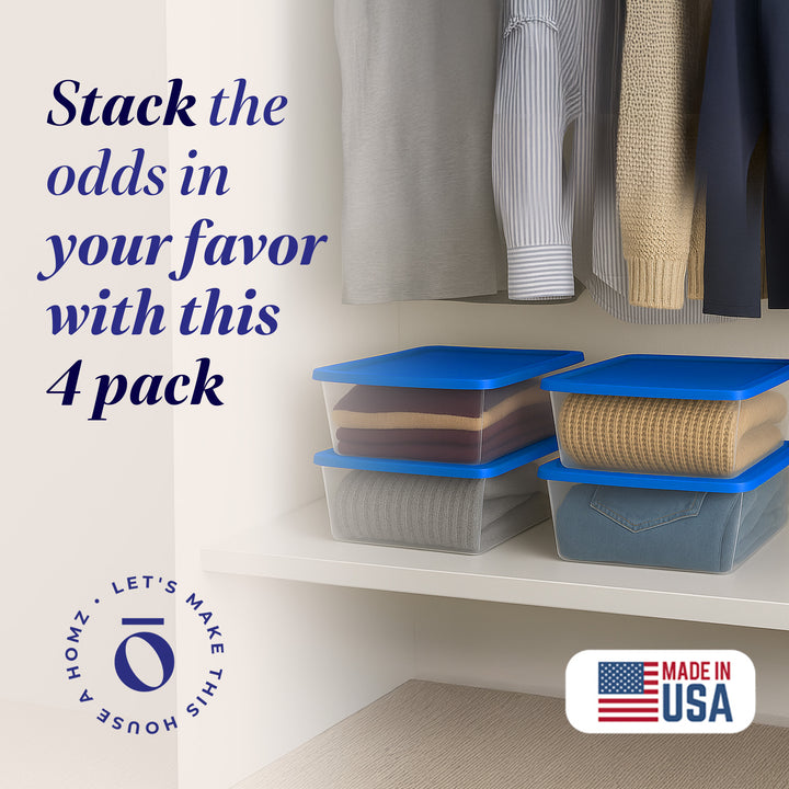 Homz 12 Qt Stackable Plastic Storage Container w/ Snaplock Lid, Blue (4 Pack)