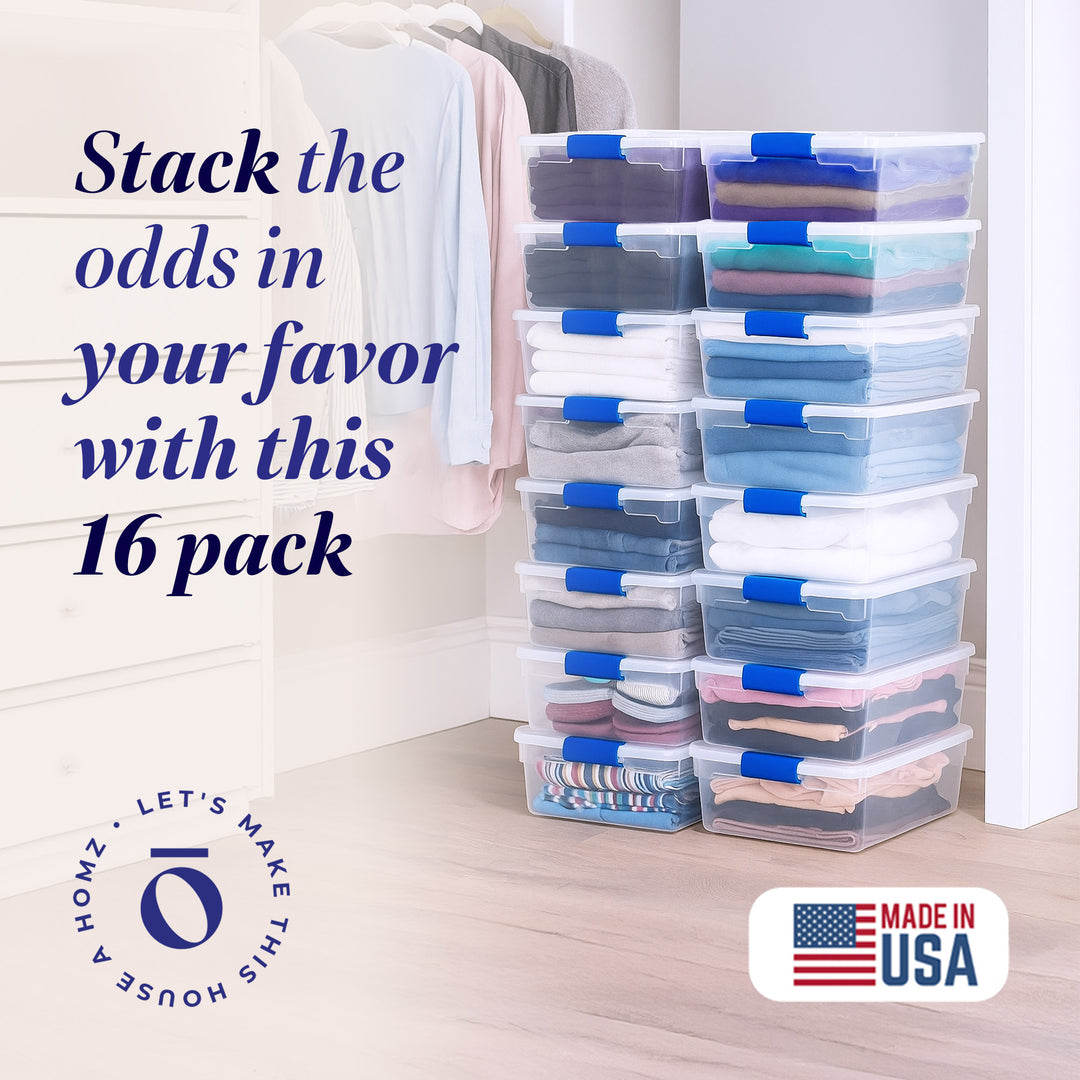Homz 15.5 Quart Heavy Duty Clear Plastic Stackable Storage Containers, 16 Pack