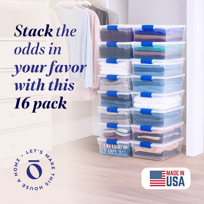 Homz 15.5 Quart Heavy Duty Clear Plastic Stackable Storage Containers, 16 Pack