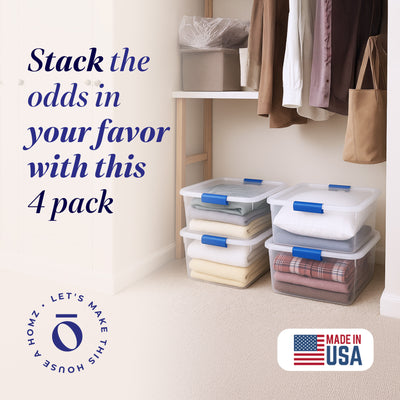 Homz 15.5 Qt Plastic Stackable Storage Container with Secure Lid, Clear (4 Pack)