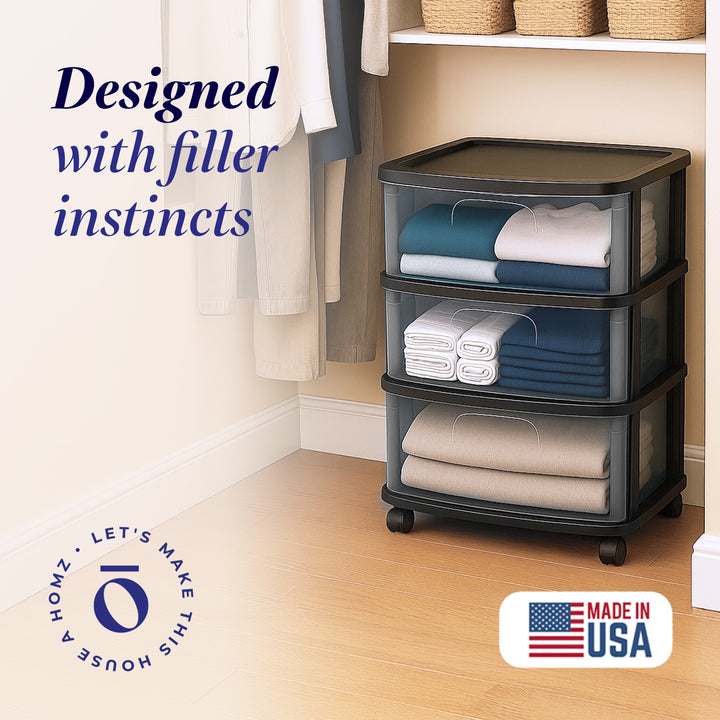 Homz Tall Solid Plastic 3 Drawer Medium Storage Cart with Caster Wheels, Black