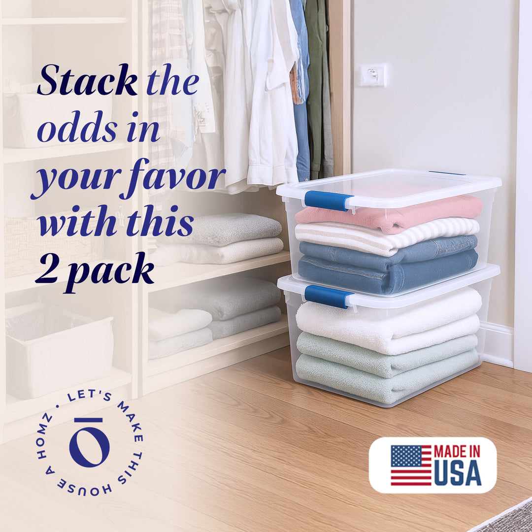 Homz 66 Qt Stackable Storage Bin with Latching Lids, Clear 2 pack (Open Box)
