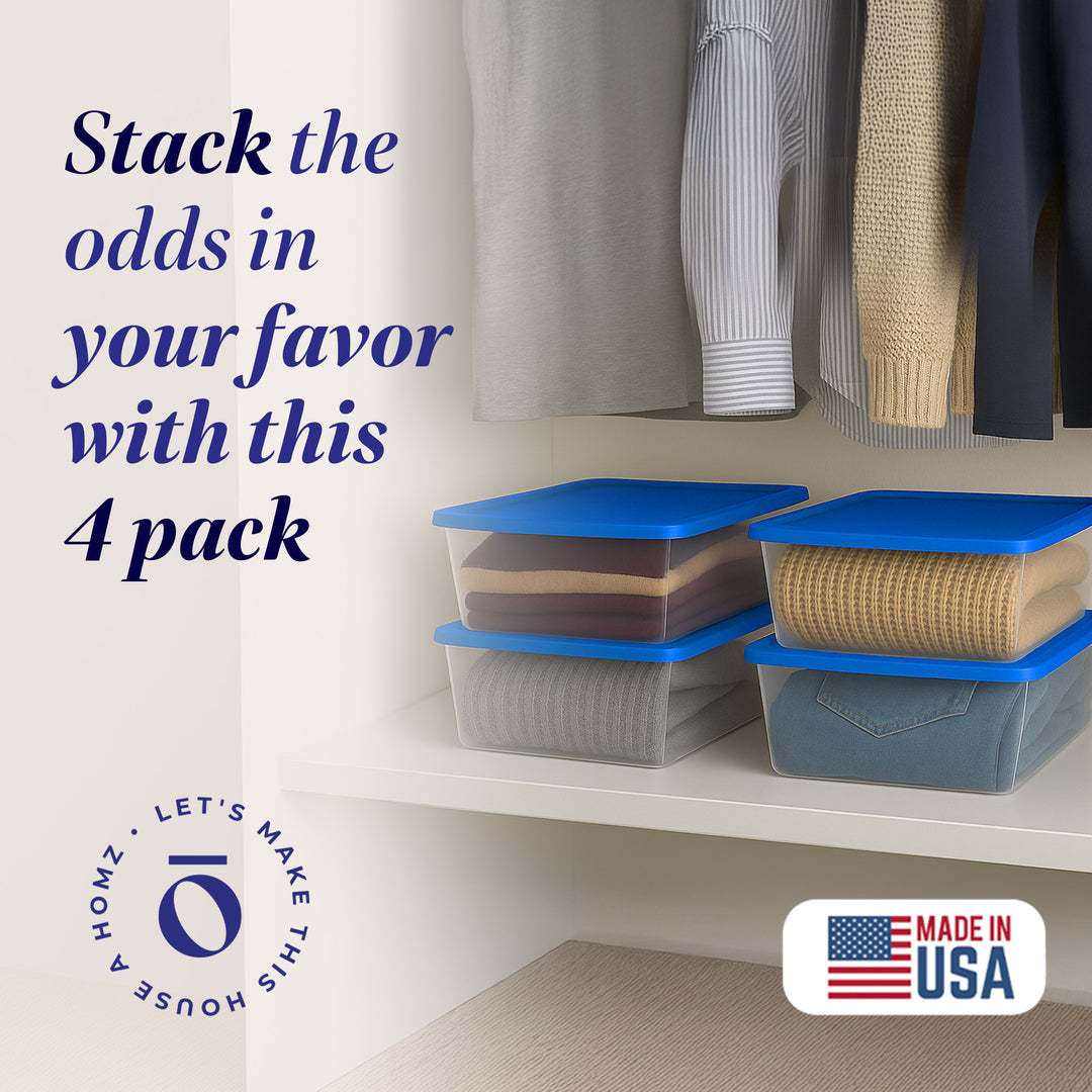 Homz 12 Qt Stackable Plastic Storage Container w/ Snaplock Lid, Blue (4 Pack)