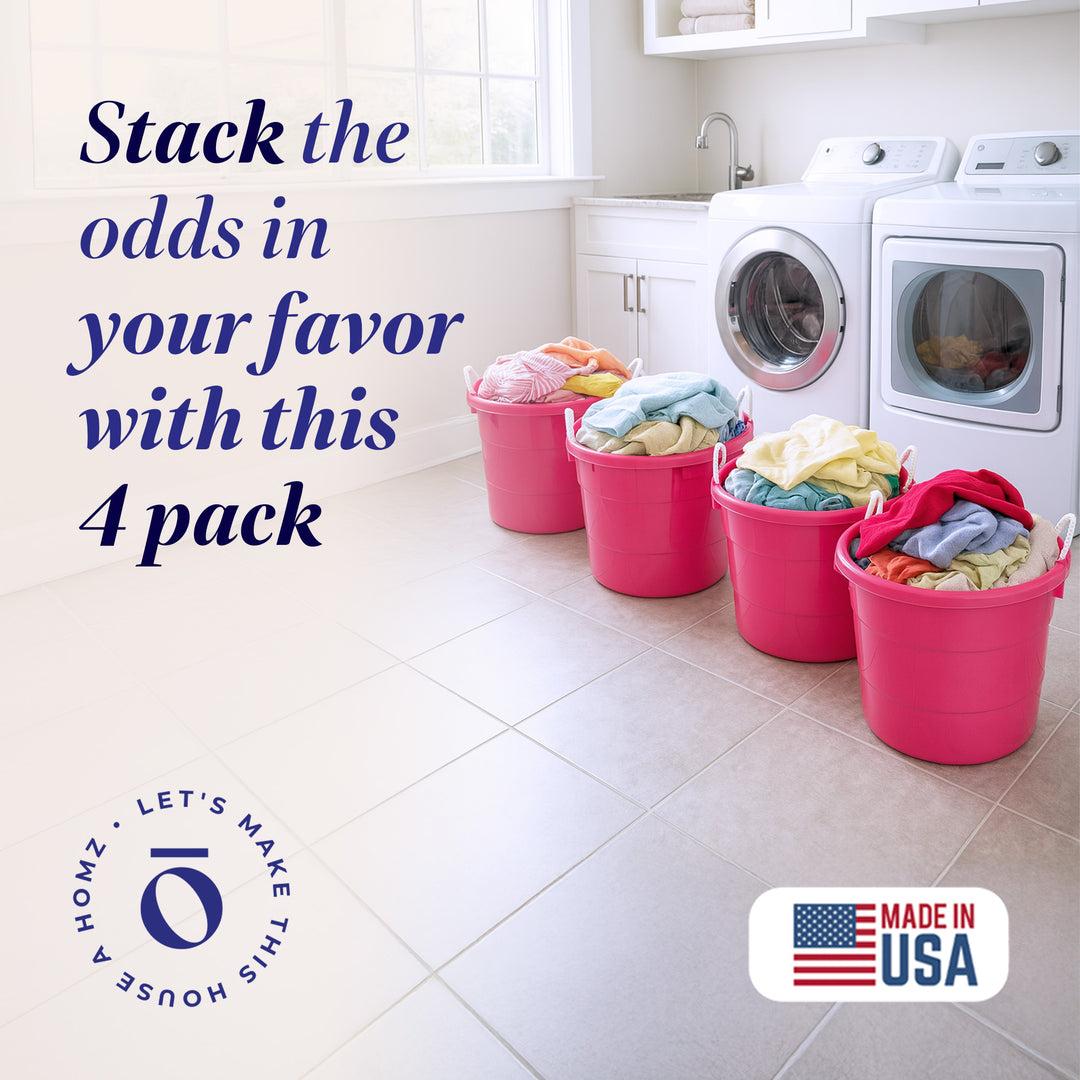 Homz Plastic 18 Gallon Utility Bucket Tub Container with Handles, Pink (2 Pack)