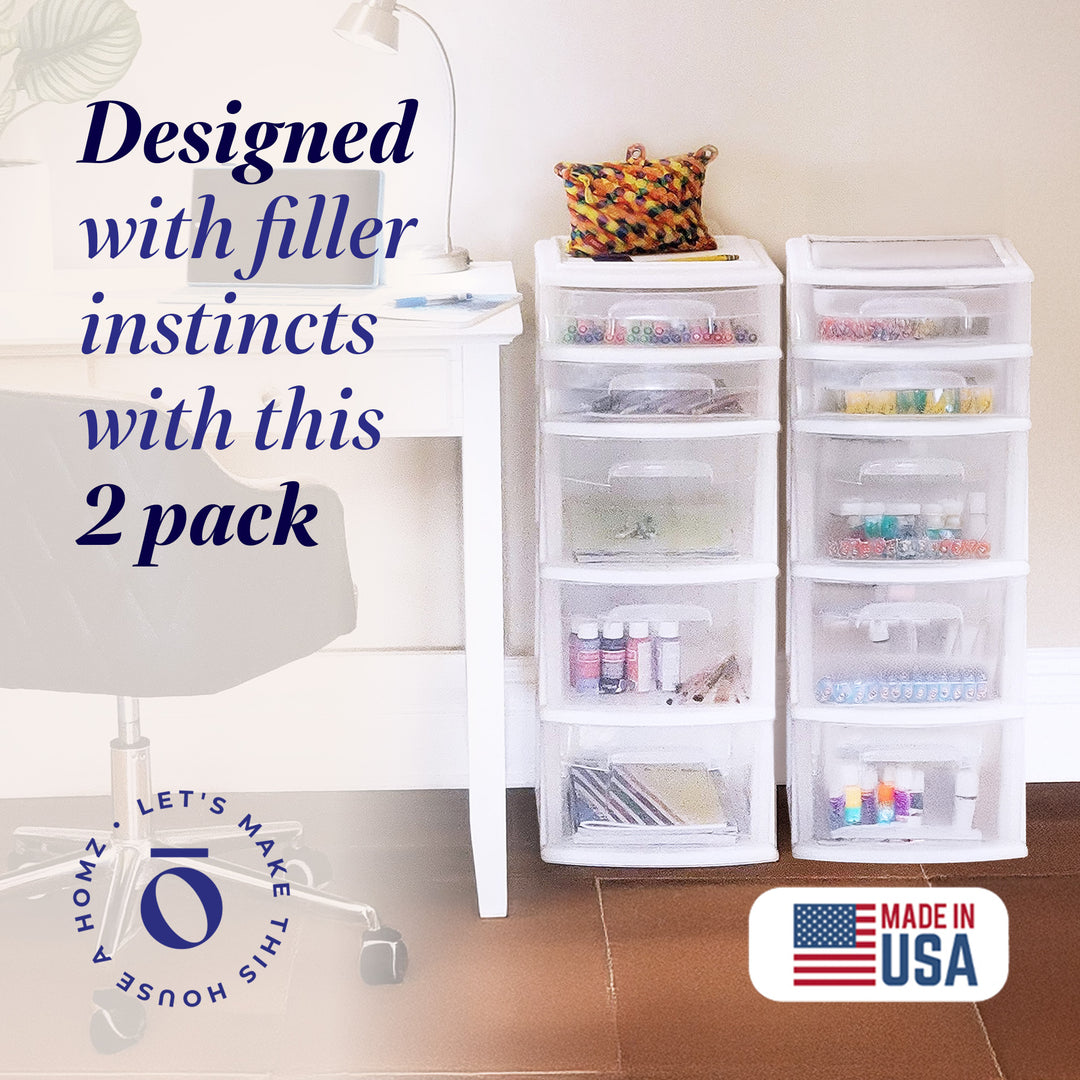 Homz Clear Plastic 5 Drawer Home Storage Container Tower, White Frame (2 Pack)