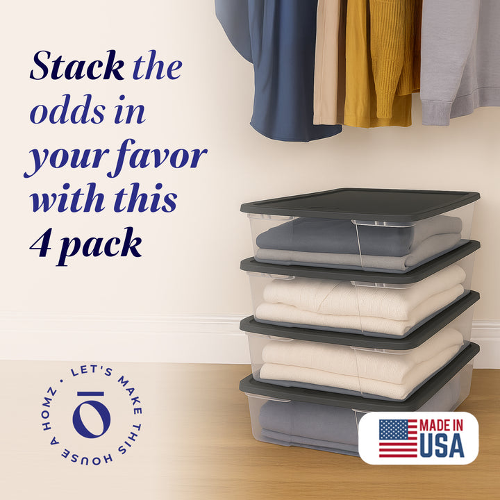 Homz Snaplock 28 Quart Clear Organizer Storage Container Bin with Lid, (4 Pack)