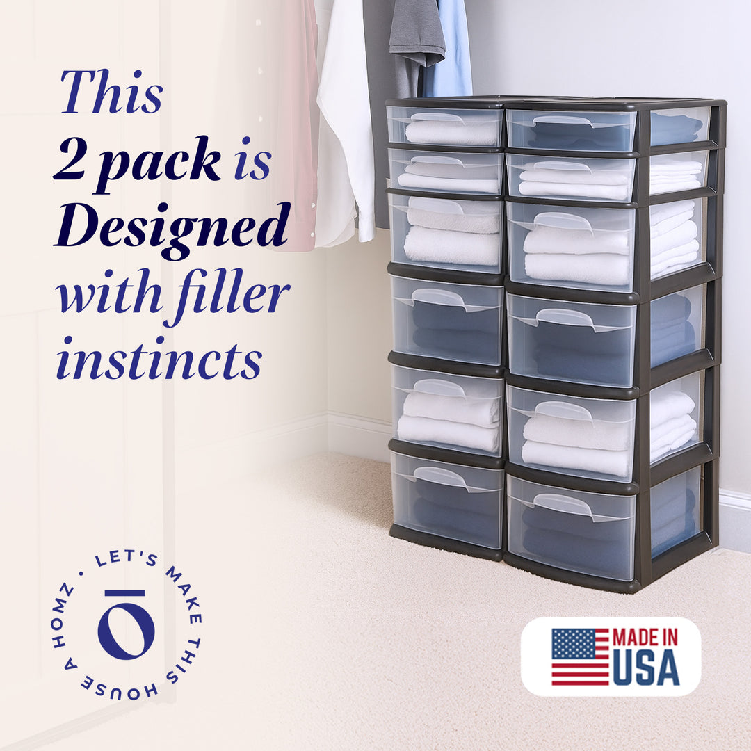 Homz Plastic 6 Clear Drawer Home Storage Container Tower, Black/Clear (2 Pack)