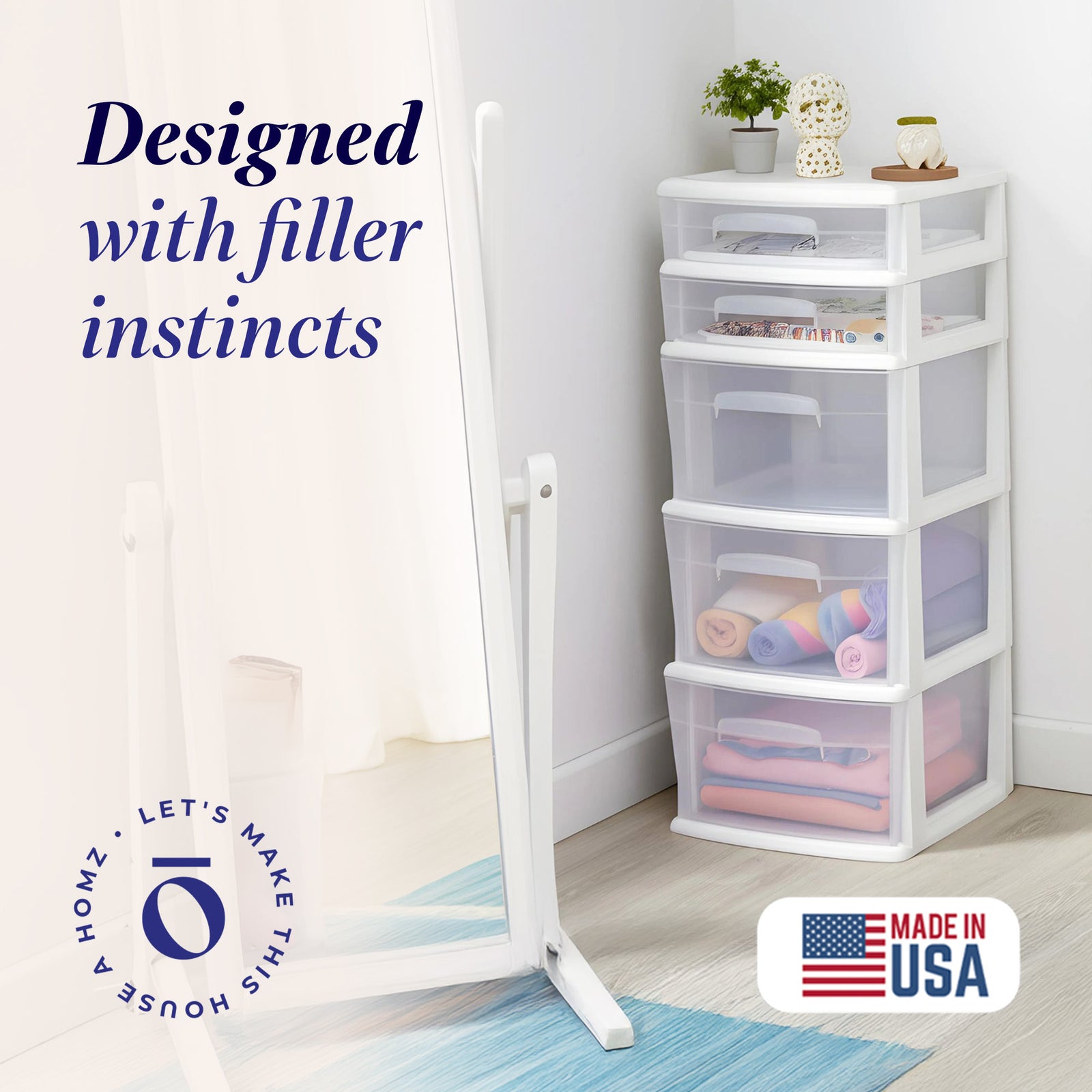 Homz Plastic 5 Drawer Medium Home Storage Cart, White Frame with Clear Drawer - VMInnovations