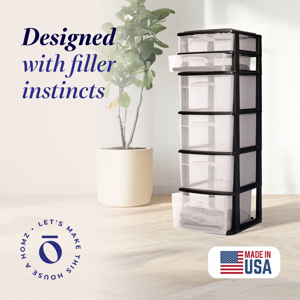 Homz Plastic 6 Clear Drawer Medium Home Container Tower, Black Frame (Used) - VMInnovations