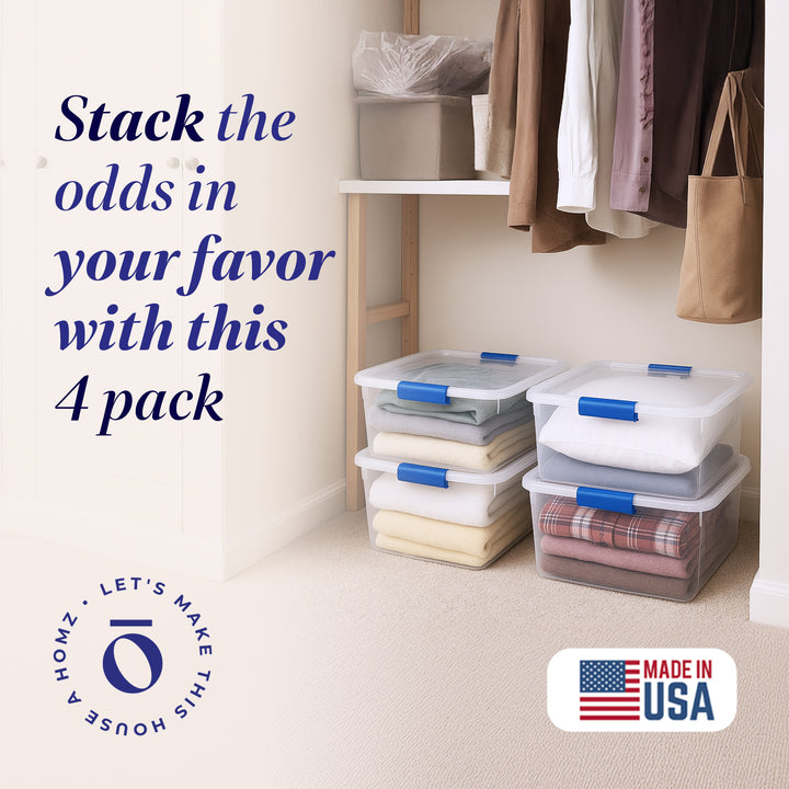 Homz 15.5 Qt Plastic Stackable Storage Container with Secure Lid, Clear (4 Pack) - VMInnovations