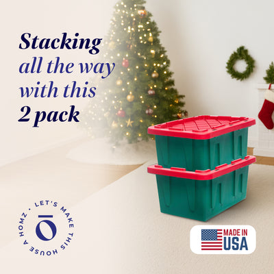HOMZ Durabilt 15 Gallon Heavy Duty Holiday Storage Tote, Green/Red (2 Pack)