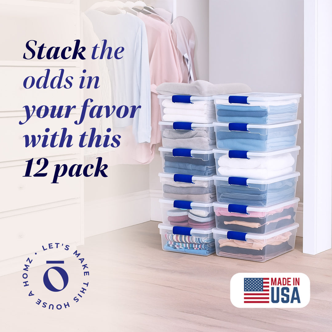 Homz 15.5 Quart Heavy Duty Clear Plastic Stackable Storage Containers, 12 Pack