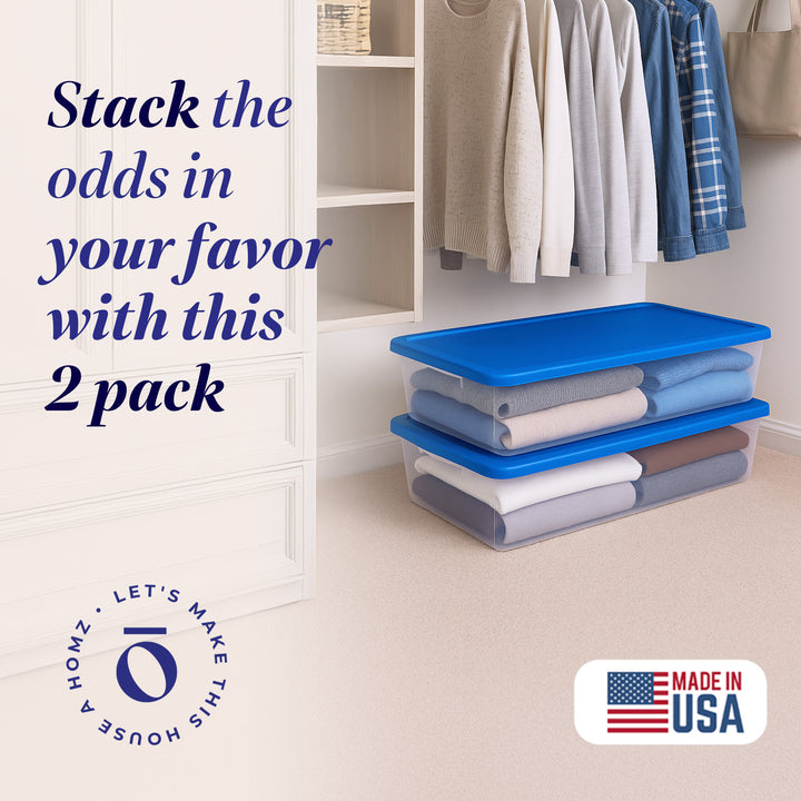 Homz Snaplock 41 Qt Stackable Plastic Storage Container w/ Lid,  2 Pack, Blue