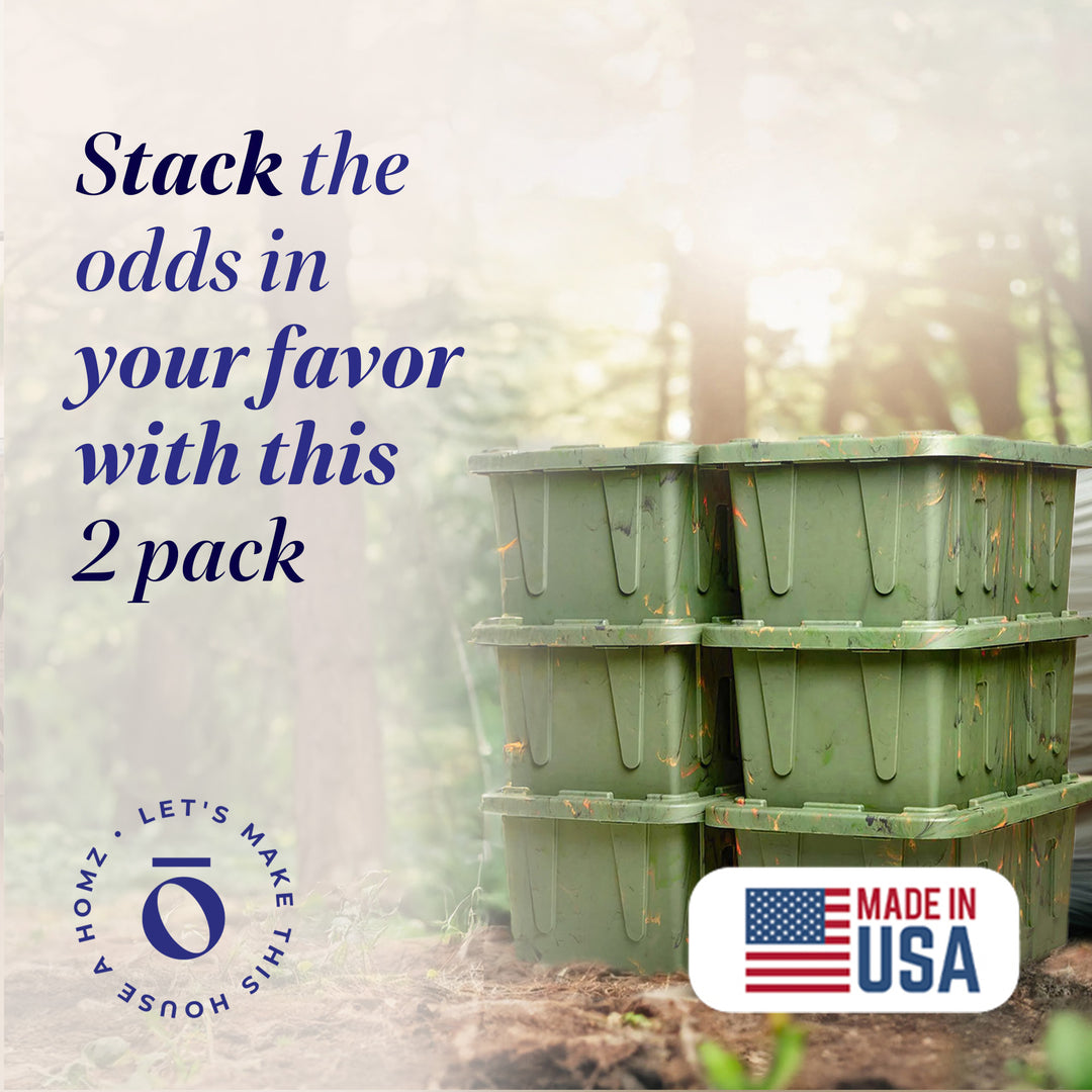 HOMZ 2 Pack Durabilt Storage, Stackable Bins, 27 Gallon Containers, Green Camo