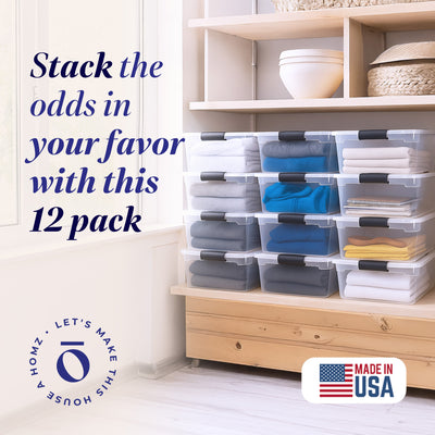 Homz 15.5 Qt Plastic Stackable Storage Container w/Lid, Gray Latch (12 Pack)