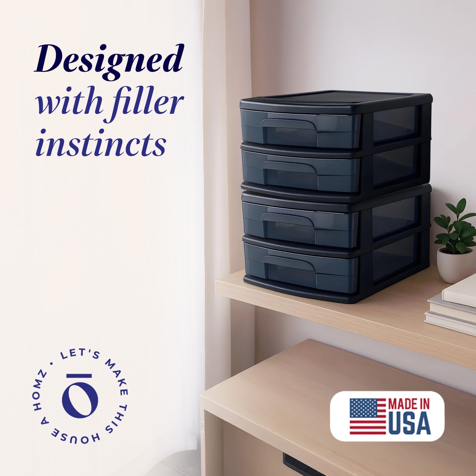 Homz Plastic 2 Drawer Medium Storage Cart, Black Frame with Smoke Drawer, 2 Pack - VMInnovations