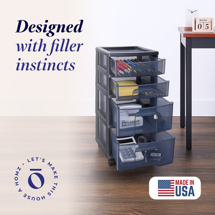 Homz Tall Solid Plastic 4 Drawer Medium Storage Cart with Caster Wheels, Black